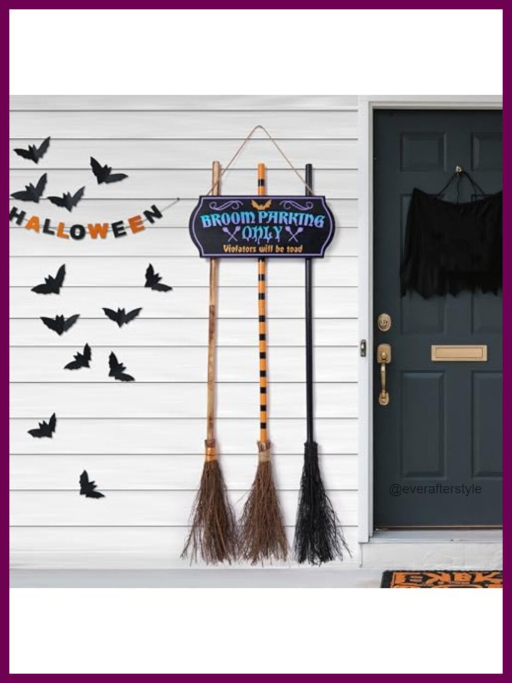 Wooden Halloween Broom Parking Sign with 3 Witch Brooms